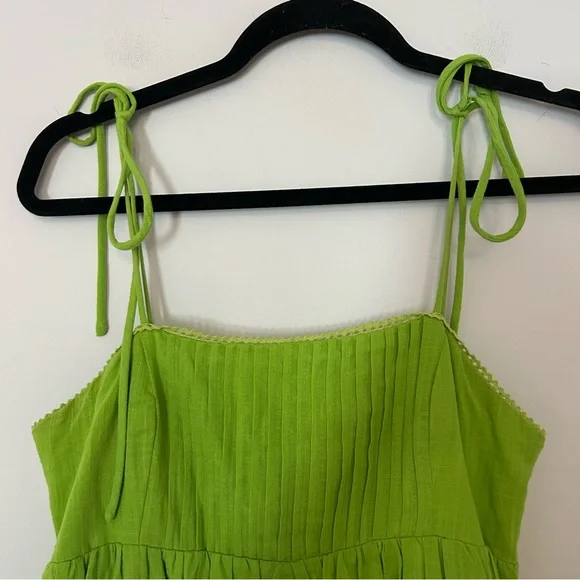 Lulus’ Dreamgirl Lime Green Pleated Tie-Shoulder Babydoll Linen Mini Dress - Picture 6 of 8